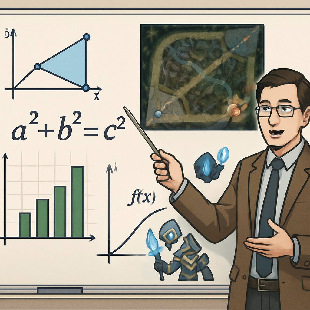A teacher explaining mathematical concepts using visualizations from a popular esports game. The image highlights the integration of academic subjects with gaming. Teacher using esports visuals to teach math in a game-based learning environment.