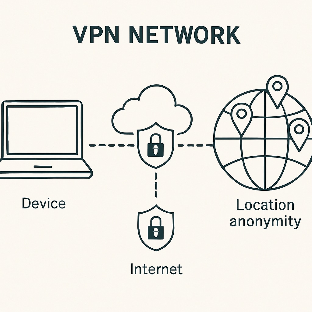 A visual representation of a VPN network, depicting secure connections and location anonymity. VPN network illustration showing secure connections and bypassing restrictions.