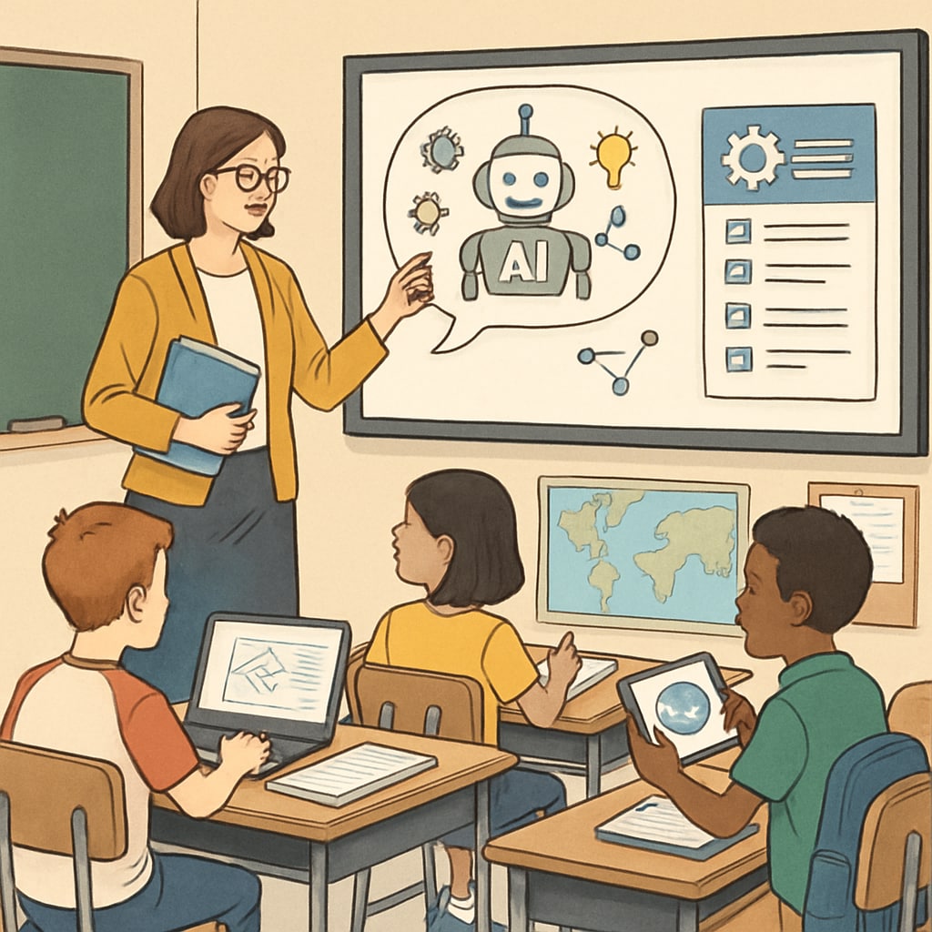 A teacher and AI-powered tools collaborating in a classroom setting, illustrating the integration of technology in education. Teacher using AI tools in a classroom to enhance teaching efficiency.