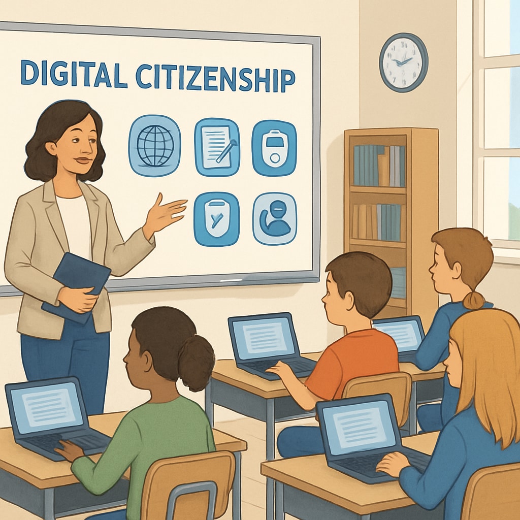 A classroom setting where a teacher is conducting a lesson on digital citizenship with students using laptops. Teacher teaching digital citizenship to K12 students in a classroom.