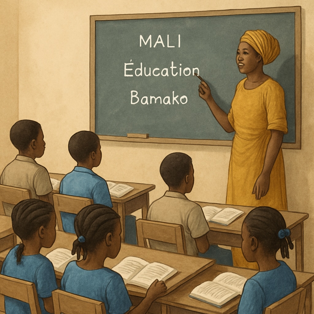 A classroom in Mali with students learning from a teacher, highlighting the state of K12 education in developing countries. Students in a classroom in Mali as part of the K12 education system, connected to financial career development.