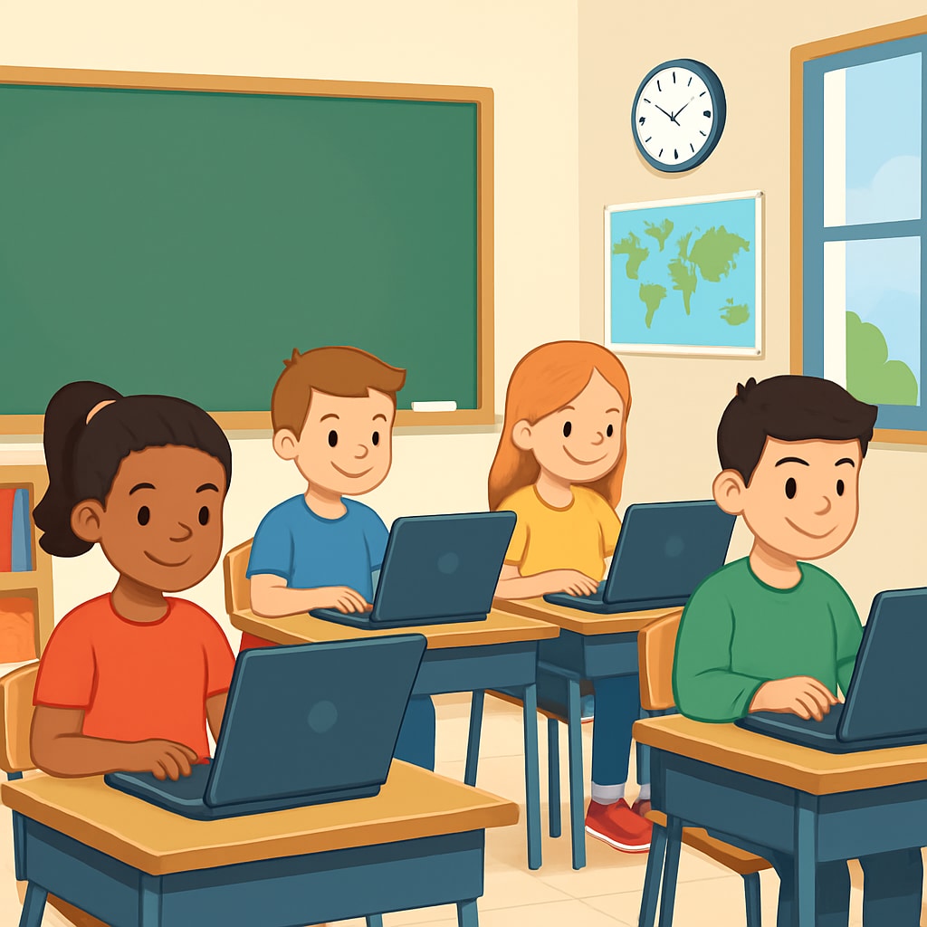 A classroom setting with students using laptops, symbolizing access to educational resources. Students in a classroom using laptops to access online educational resources.