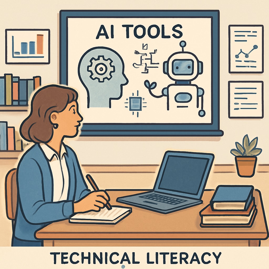 A teacher attending a professional development workshop focused on AI tools, highlighting the importance of technical literacy. Educator learning AI tools in a training session.