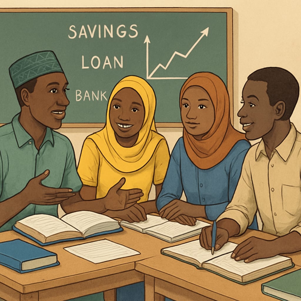 A group of university students in Mali discussing financial concepts, illustrating the transition from education to career. University students in Mali discussing financial literacy topics, linking K12 education to financial careers.