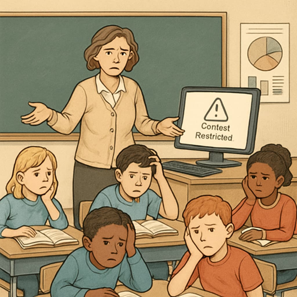 A frustrated teacher and students in a classroom, unable to access online resources due to content restrictions. A teacher and students in a classroom facing barriers accessing online materials due to content restrictions.