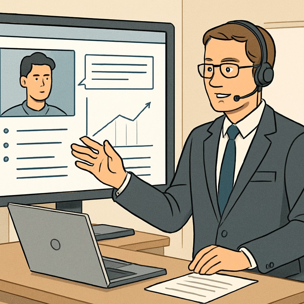 A professional educator conducting a virtual class for university students using advanced digital tools Remote educator using digital tools to teach higher education students