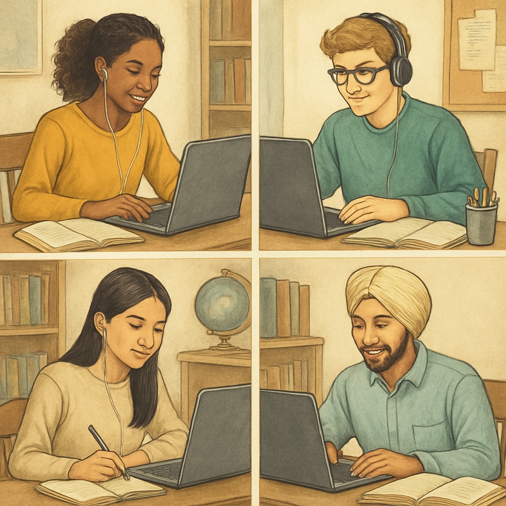 A diverse group of international students studying online at their desks, representing the inclusivity of online high school programs. International students studying online for their high school diploma.
