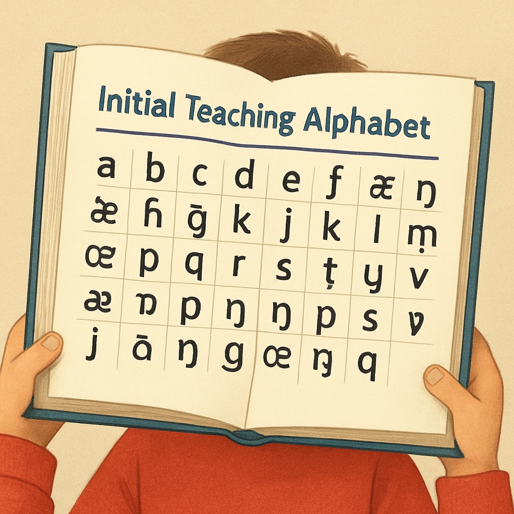 A child holding a book featuring the Initial Teaching Alphabet, with phonetic symbols visible on the page. A child using the Initial Teaching Alphabet to learn phonetic spelling.