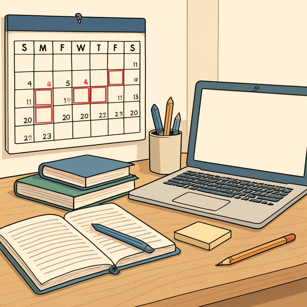 An organized desk with a calendar, study materials, and a laptop, illustrating effective time management in professional and academic life. Effective time management for career and master's degree