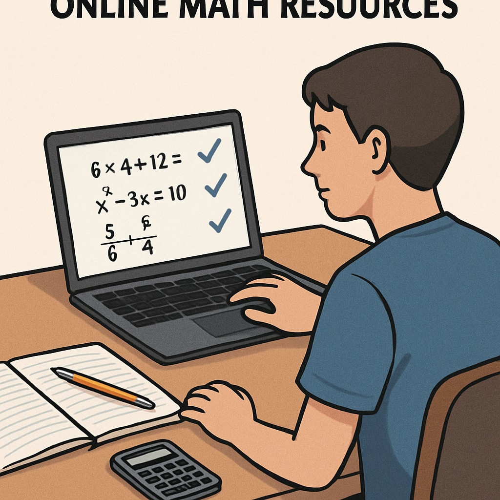 A person sitting at a desk with a laptop, solving math problems online, representing the concept of online math resources. Online math resources for college preparation.