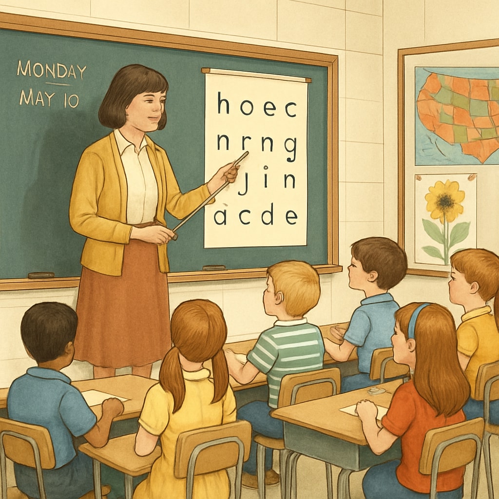 A classroom in the 1970s with a teacher using an ITA chart to instruct young students. A 1970s classroom scene with a teacher teaching the Initial Teaching Alphabet.