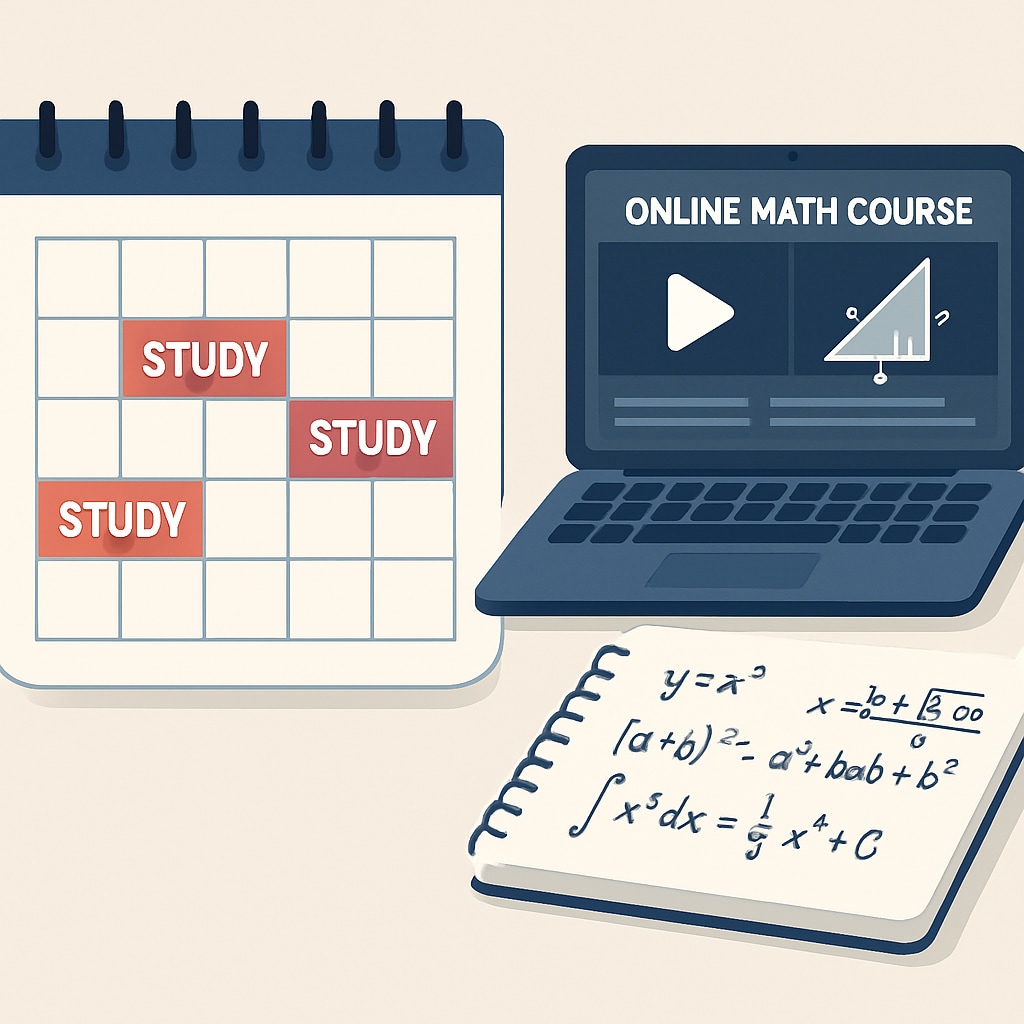 A calendar with study sessions marked, a laptop open to an online math course, and a notebook with handwritten math equations. Study plan for college math preparation using online resources.