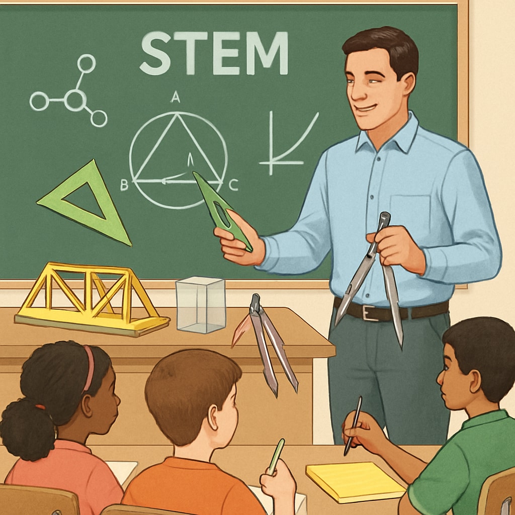 A classroom setting where a teacher uses engineering tools to explain STEM concepts. A teacher demonstrating engineering concepts in a classroom setting.
