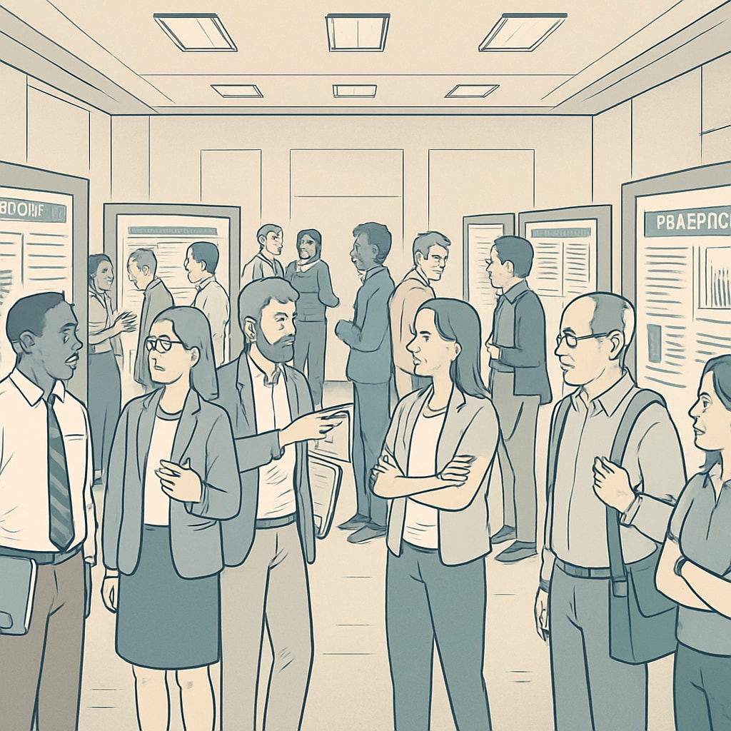 A busy academic conference hall with researchers networking and presenting posters. Researchers presenting posters and networking at the AERA conference.