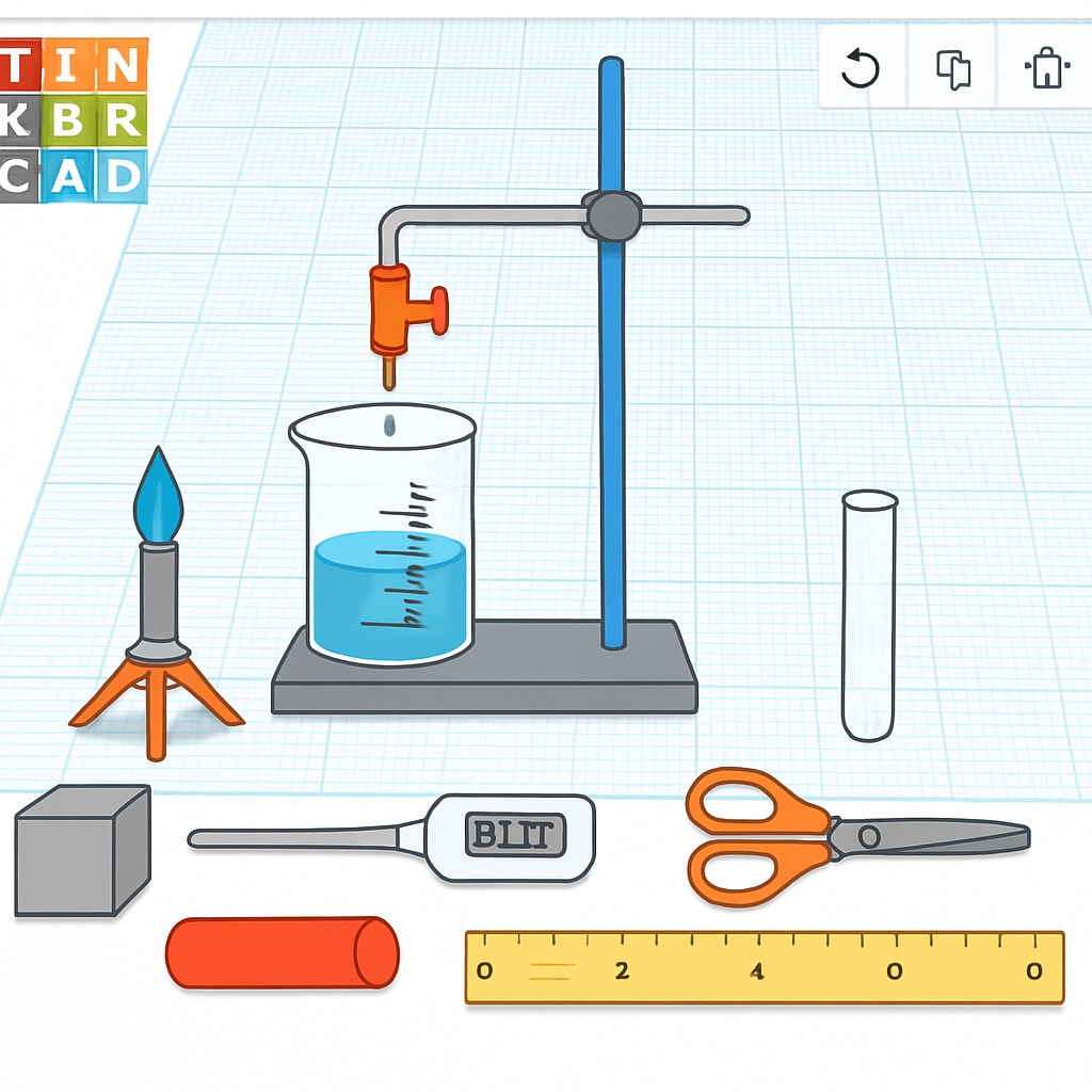 Tinkercad interface showing a scientific experiment setup in progress. Tinkercad experiment diagram creation interface for science teachers.