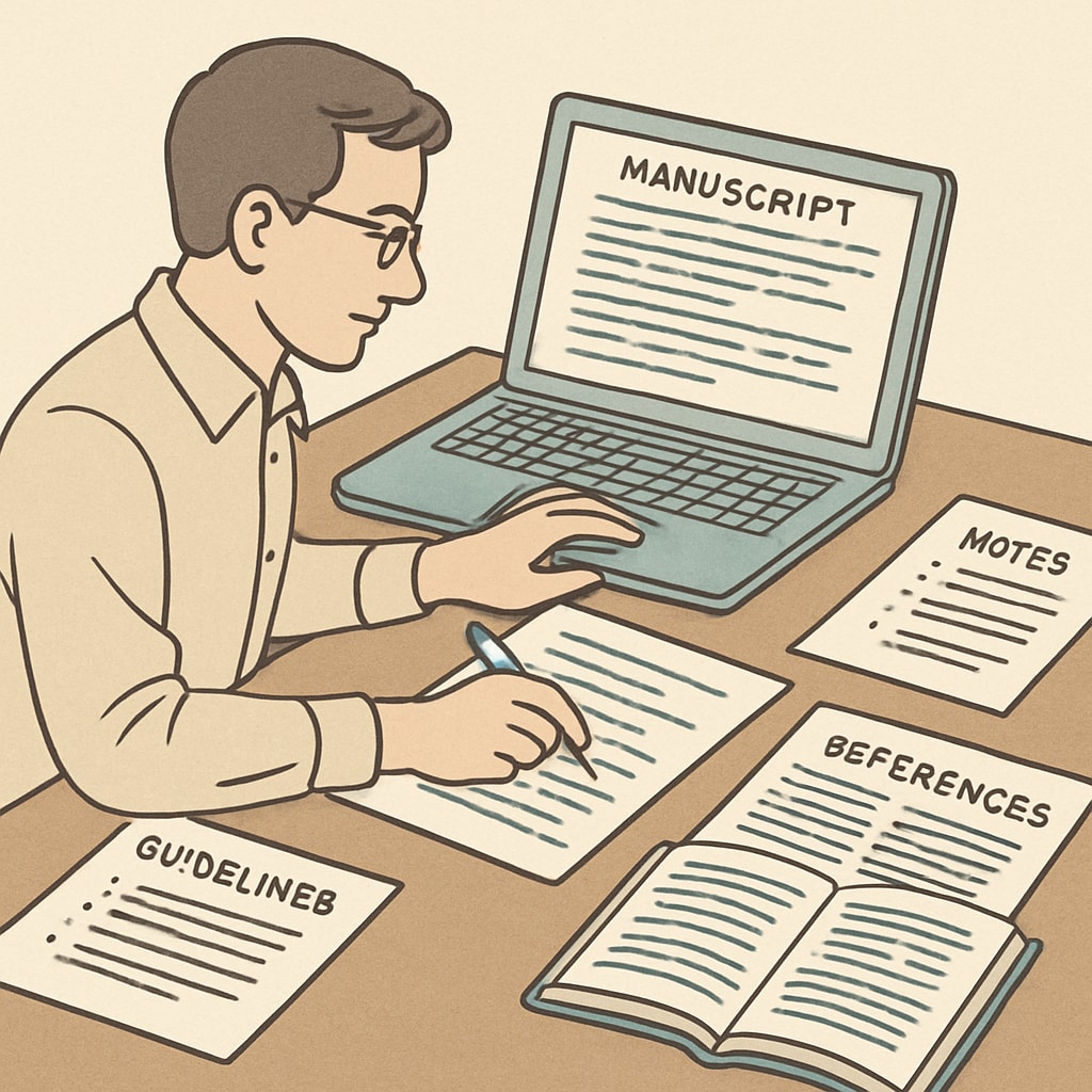 A researcher editing a manuscript on their laptop, with notes and guidelines visible. Researcher preparing an academic paper for the AERA conference submission.