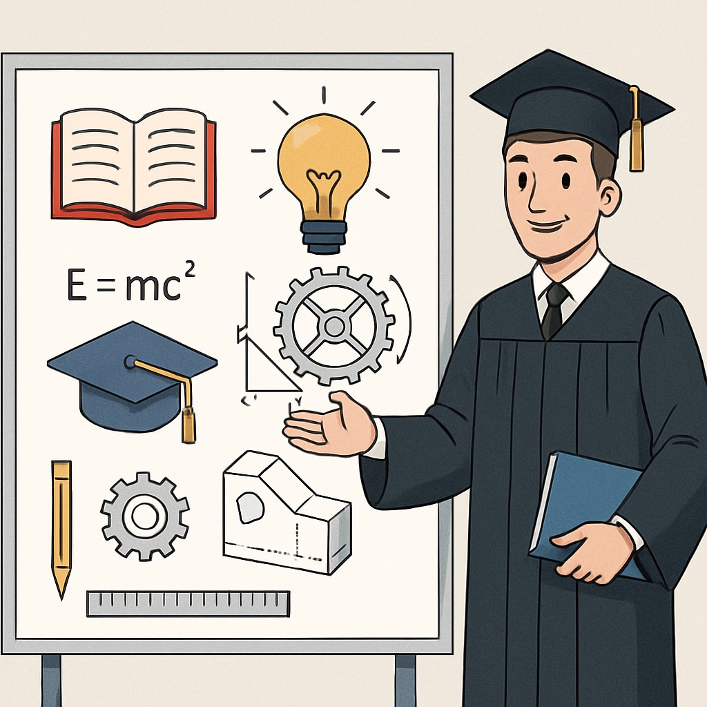 A graduate showcasing a project that integrates education and engineering concepts. A graduate presenting an educational project combining engineering and teaching.