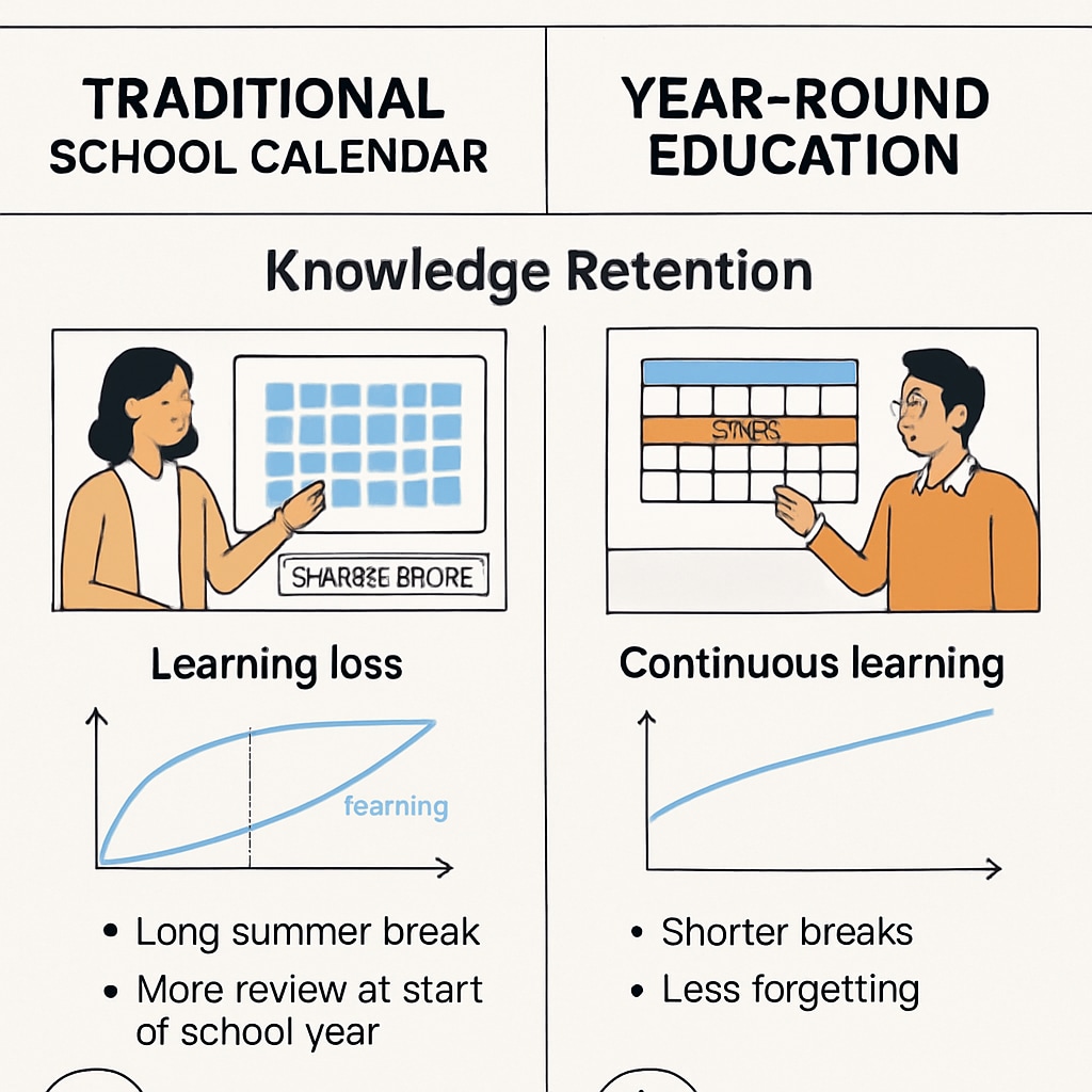 An infographic comparing traditional school calendars with year-round education models, highlighting benefits for knowledge retention. Infographic showing benefits of year-round education for knowledge retention.
