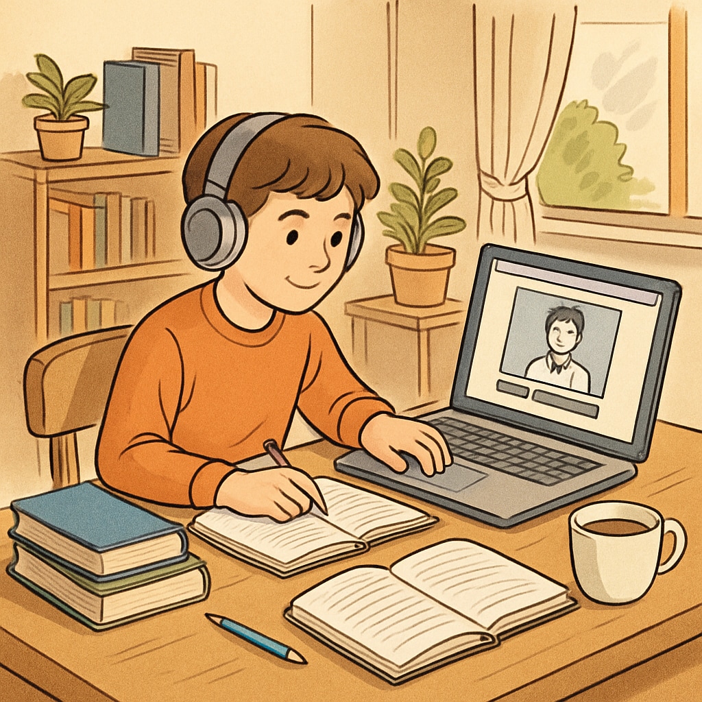 A young student studying at home with a laptop, representing the flexibility and convenience of online education. A student engaged in online learning at home, highlighting the flexibility of online public education.