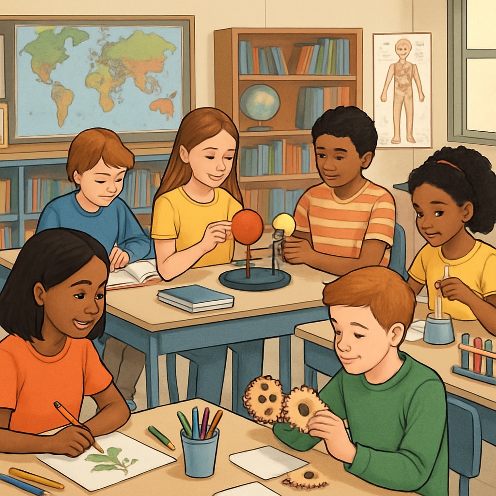 An interactive classroom where middle school students are engaged in hands-on learning activities. Middle school students engaged in hands-on learning activities to reignite academic interest.