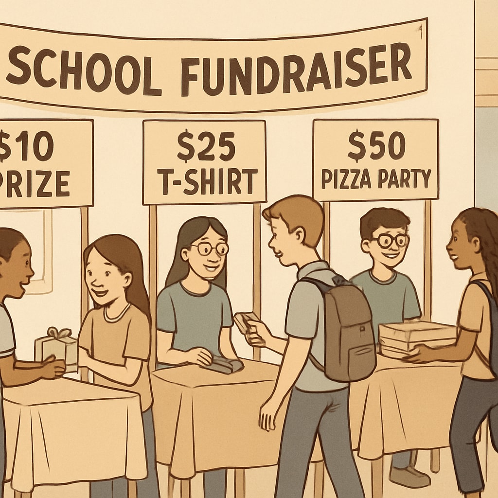 School fundraising event with tiered rewards highlighting economic inequality.