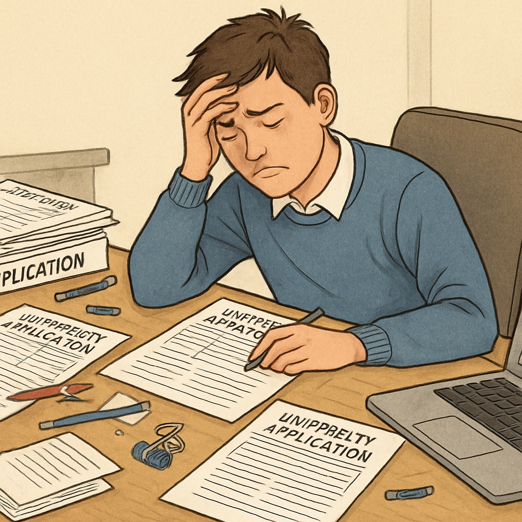 A stressed high school student sitting at a desk filled with university application forms and a laptop, symbolizing the overwhelming nature of the application process. Stressed student surrounded by university application forms and a laptop