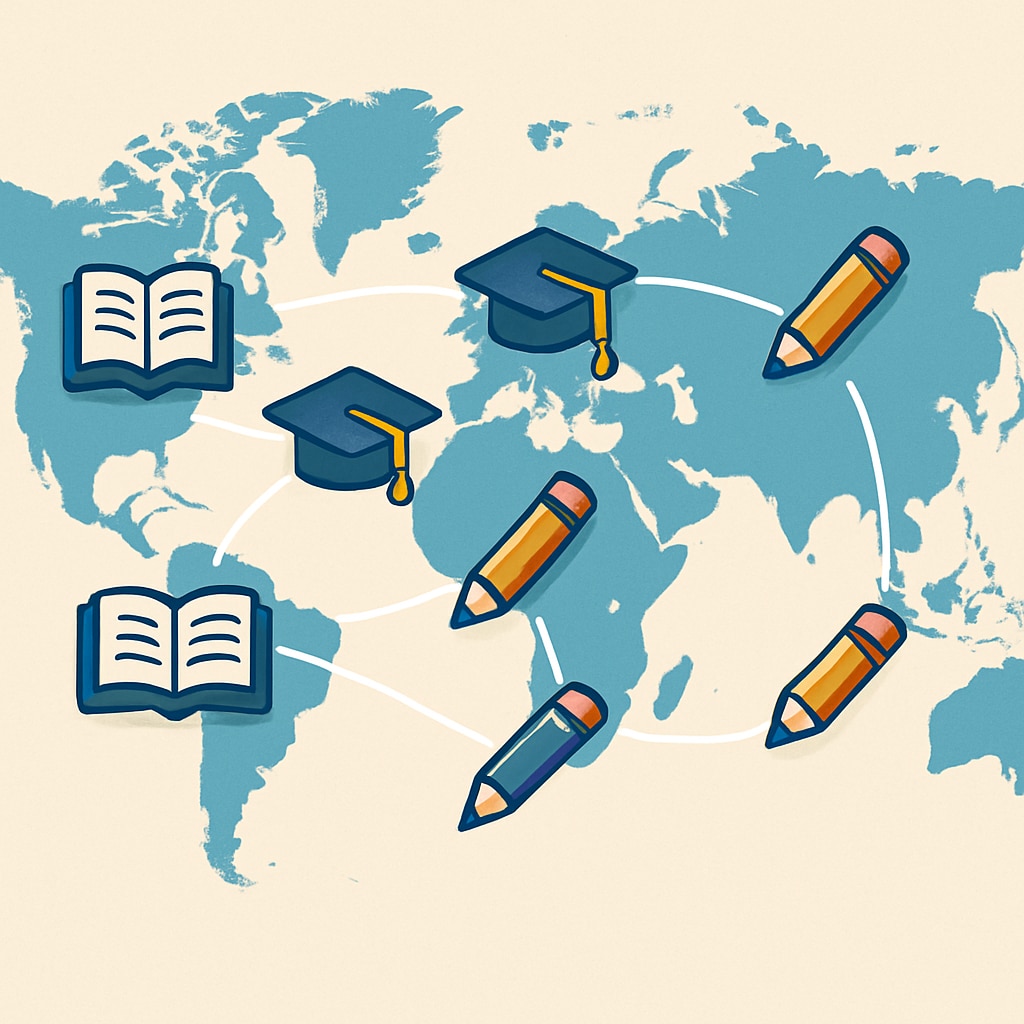 A visual representation of global connectivity, such as a map overlay with educational icons linking diverse regions. A map showing the connection between different regions through online education platforms.