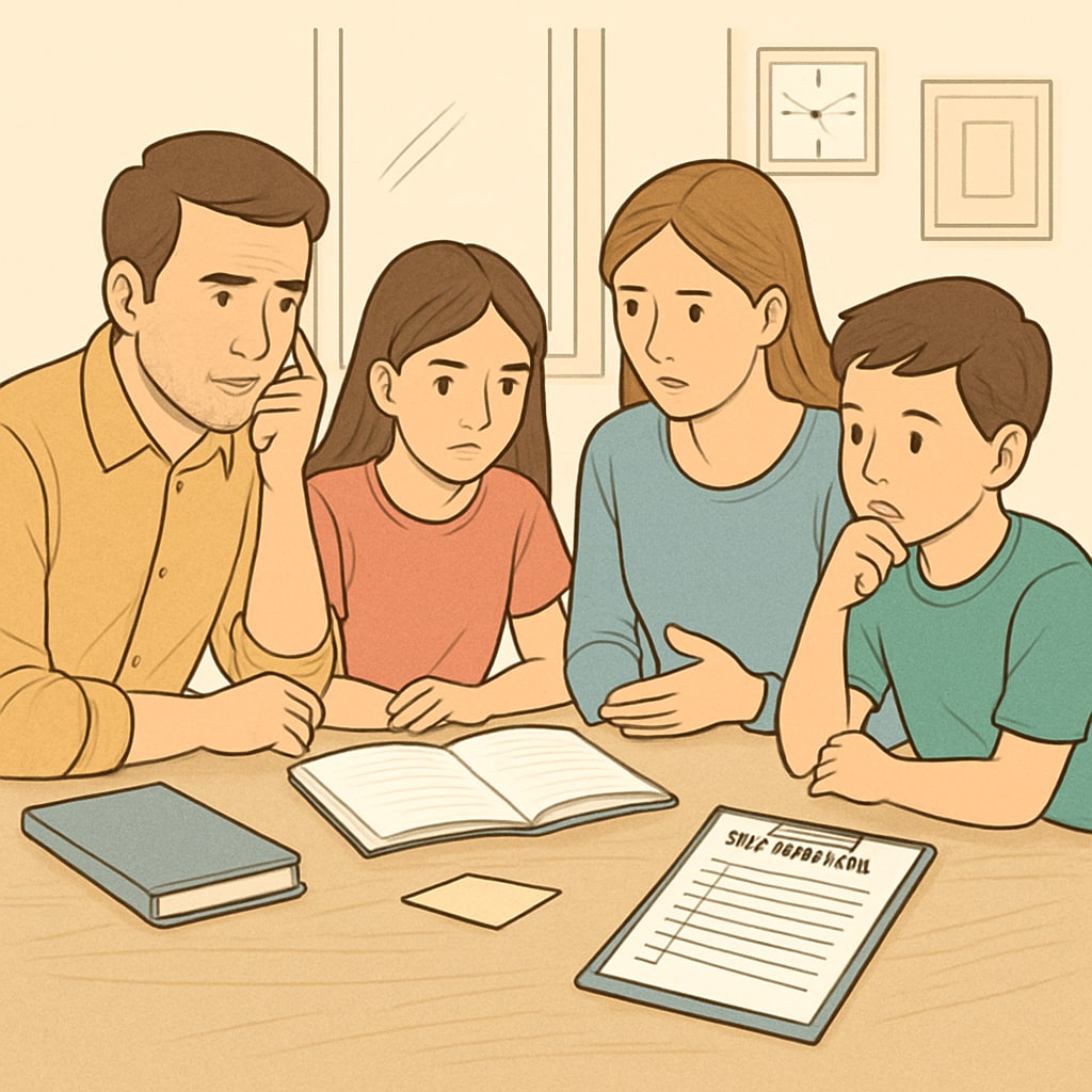 A family sitting together at a table, discussing school challenges and creating a daily routine. A family discussing school challenges to build a strong support system.