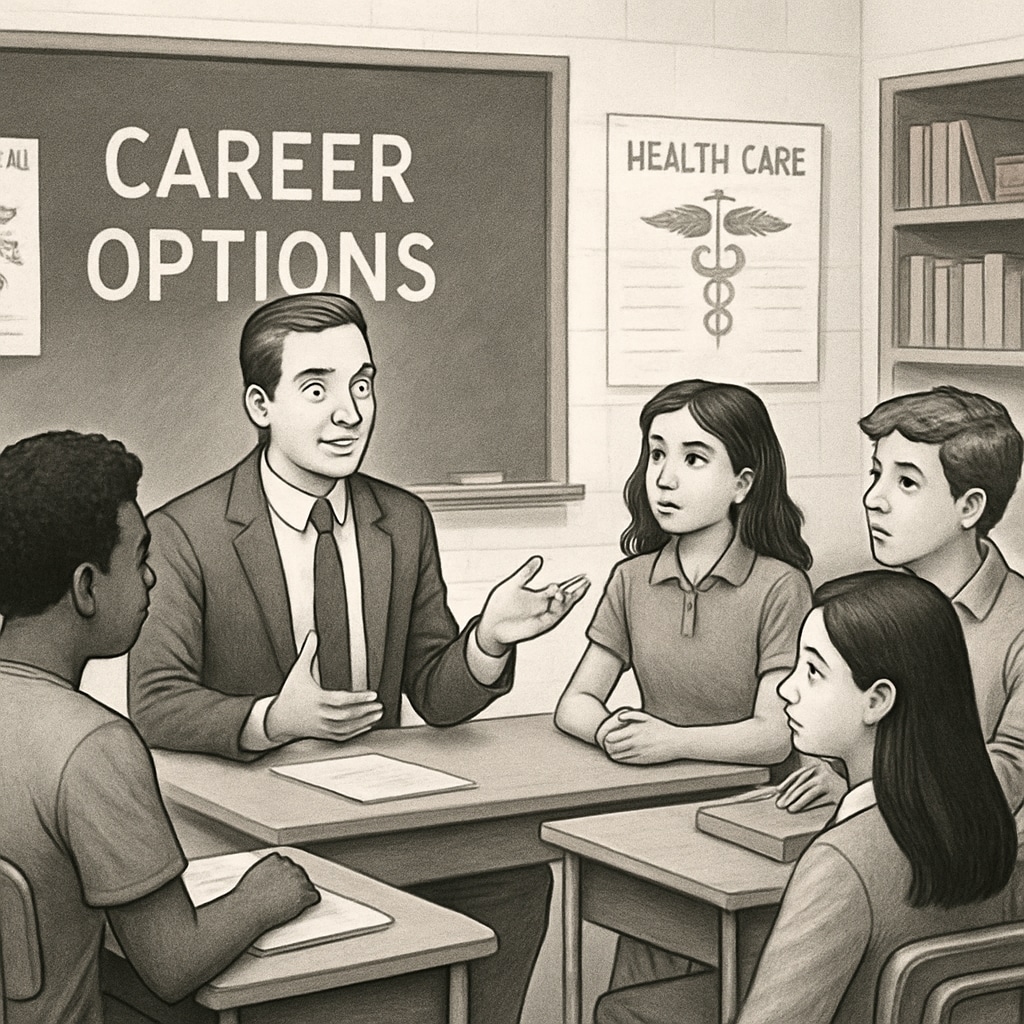 A classroom setting with high school students discussing career options with a counselor. High school students discussing professional paths with their counselor.