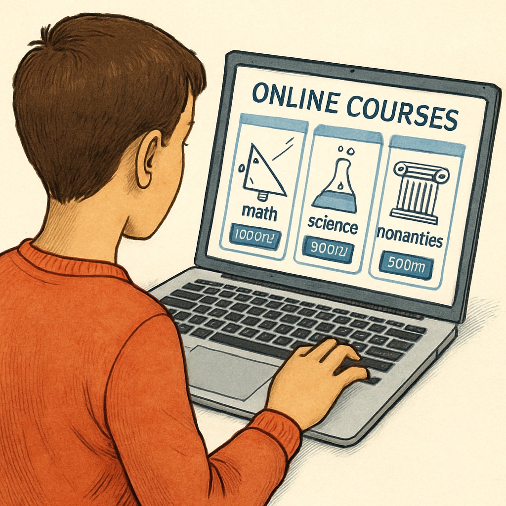 A screenshot of a student browsing an online learning platform on a laptop, showcasing course options like math, science, and humanities. Online learning platform offering education courses, extracurricular learning, and study resources.