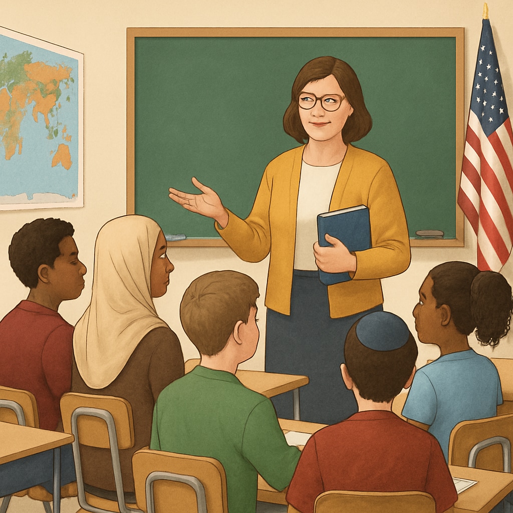 A classroom with diverse students and a teacher, symbolizing ideological diversity and inclusivity in education. Diverse classroom showcasing ideological variety in education.