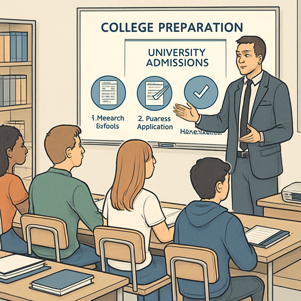 A group of high school students attending a seminar on college preparation, with a mentor presenting tips on navigating university admissions. Students engaging in extracurricular learning and study resources at a college prep seminar.
