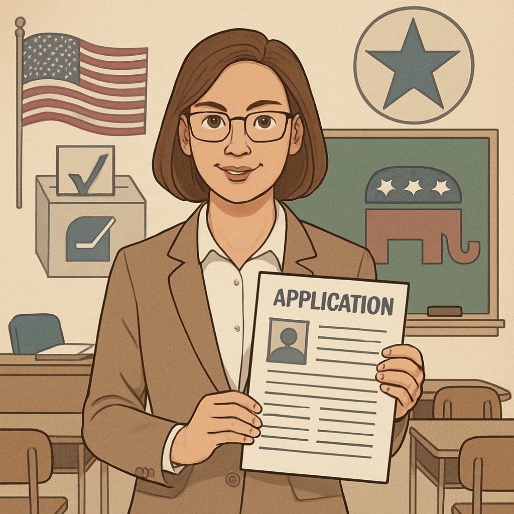 A teacher holding an application form, with political elements subtly influencing the hiring process in the background. Teacher application form with political factors affecting hiring.