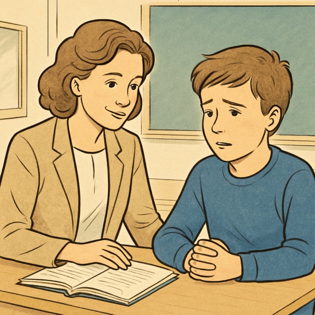 A teacher sitting with a student, attentively listening to their concerns in a classroom setting. A teacher showing respect by listening to a student in class.