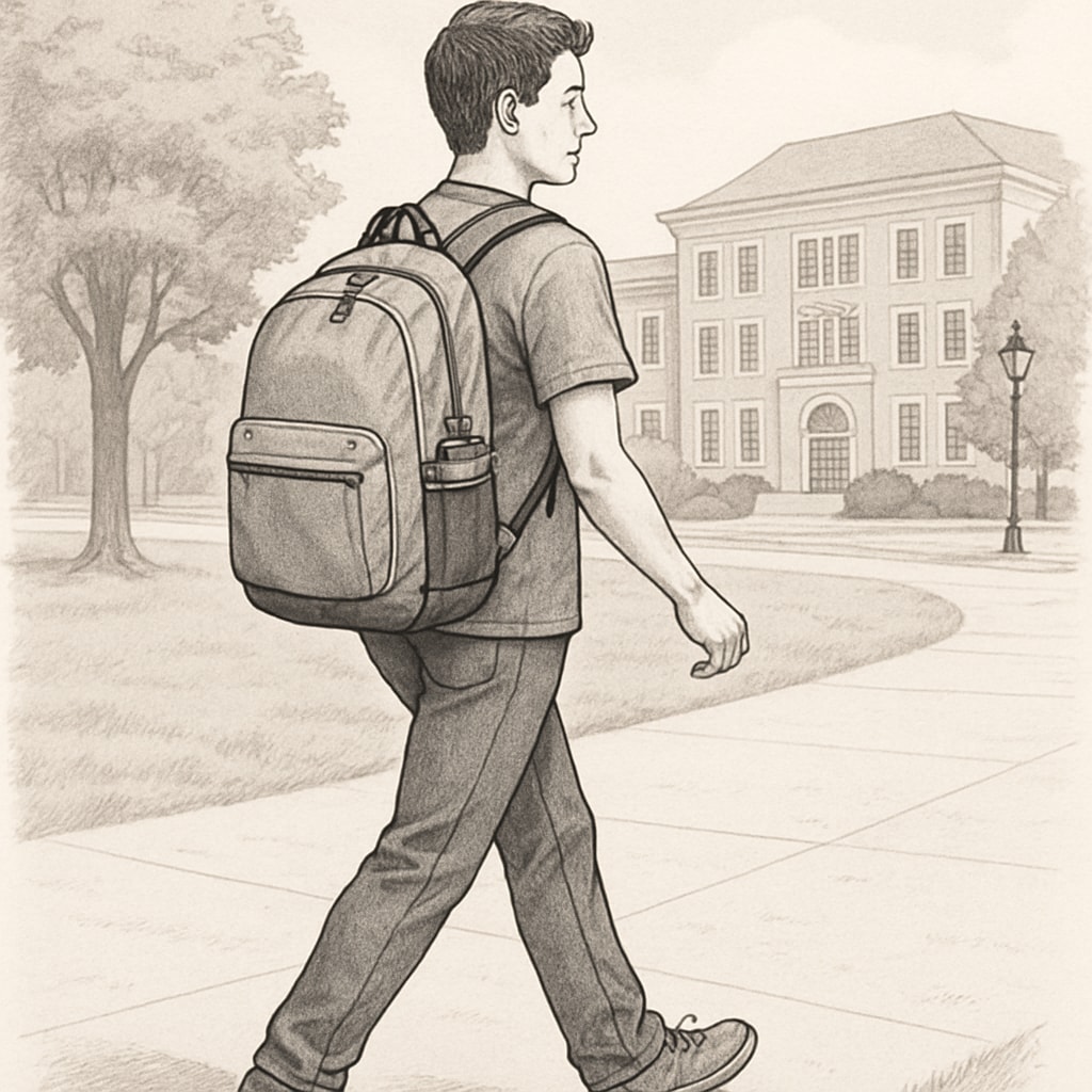 A college student wearing an affordable, spacious backpack while walking across campus. Affordable, spacious college backpack worn by a student on campus.