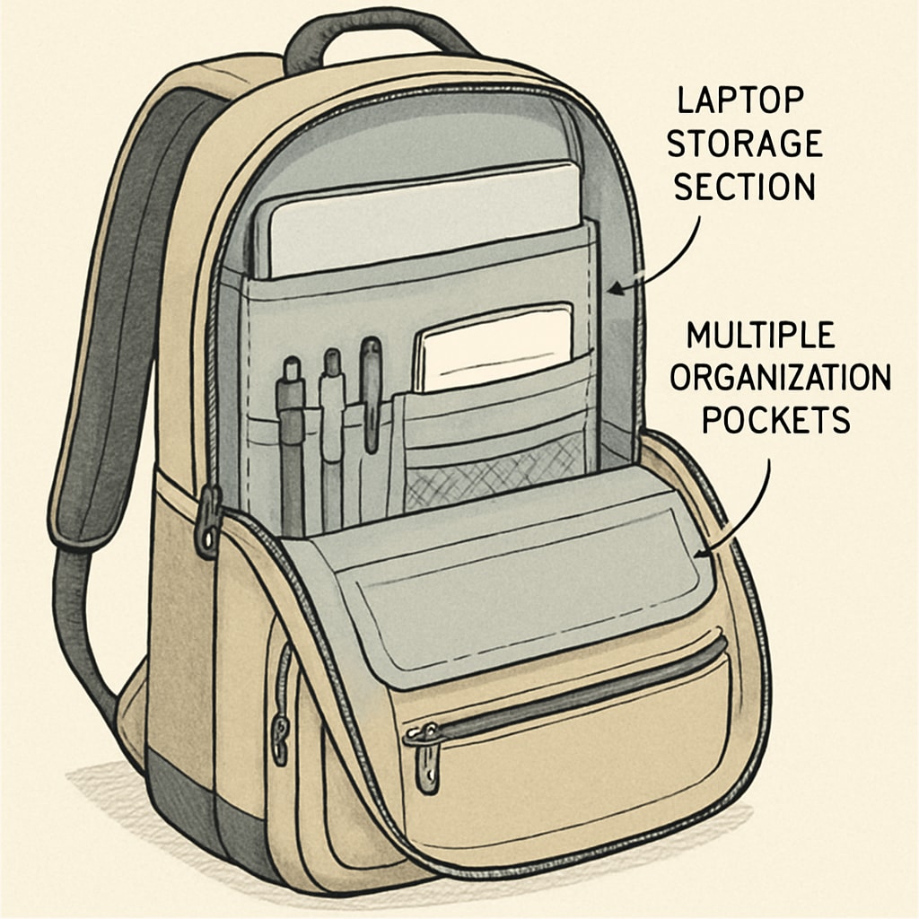 Close-up of a backpack's compartments showing laptop storage and organization pockets. Detailed view of a spacious and affordable college backpack with storage compartments.