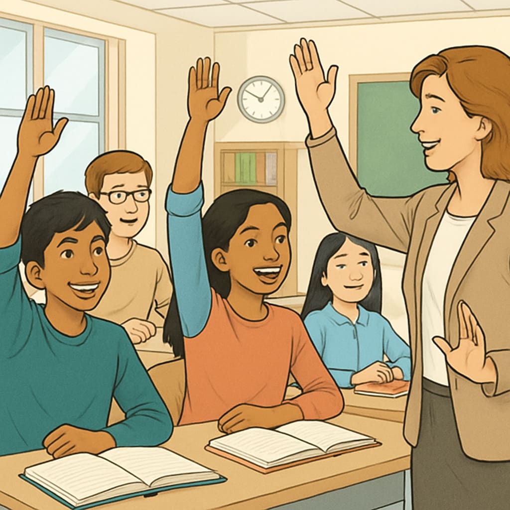 A diverse group of students smiling and raising their hands in an interactive classroom discussion. Students engaging actively in a respectful and inclusive classroom environment.