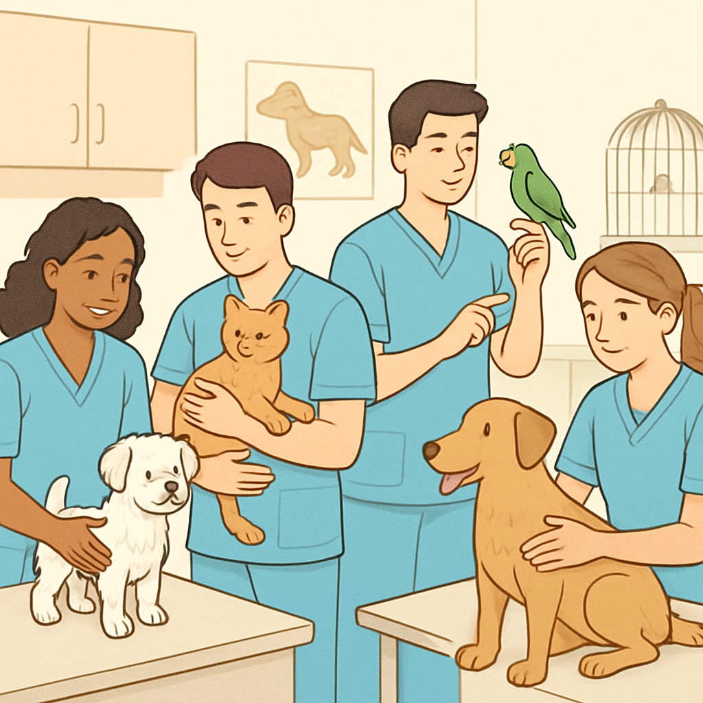 A group of veterinary assistants working in a clinic with animals, symbolizing alternative career paths in animal medicine. Veterinary assistants in a clinic supporting animal medicine careers without GCSEs.