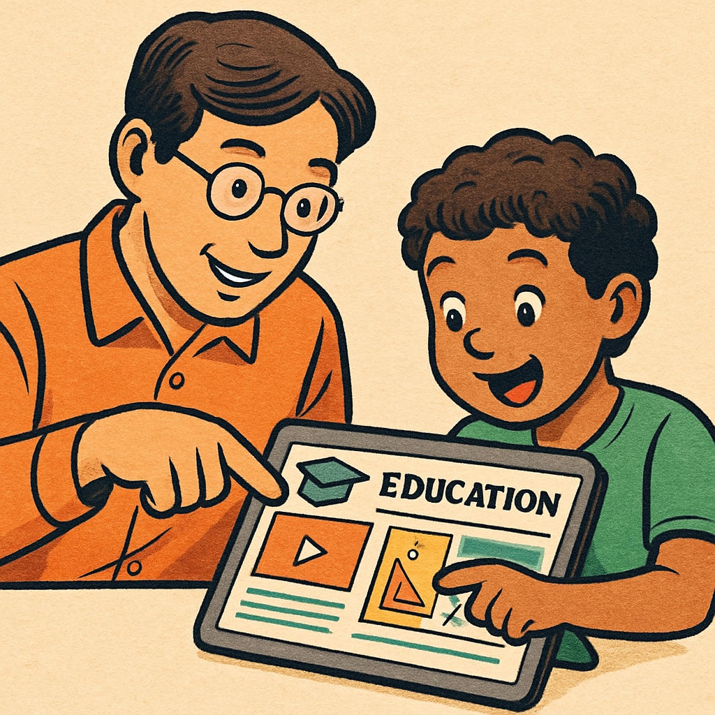 Parent and child using a tablet for online early education resources.