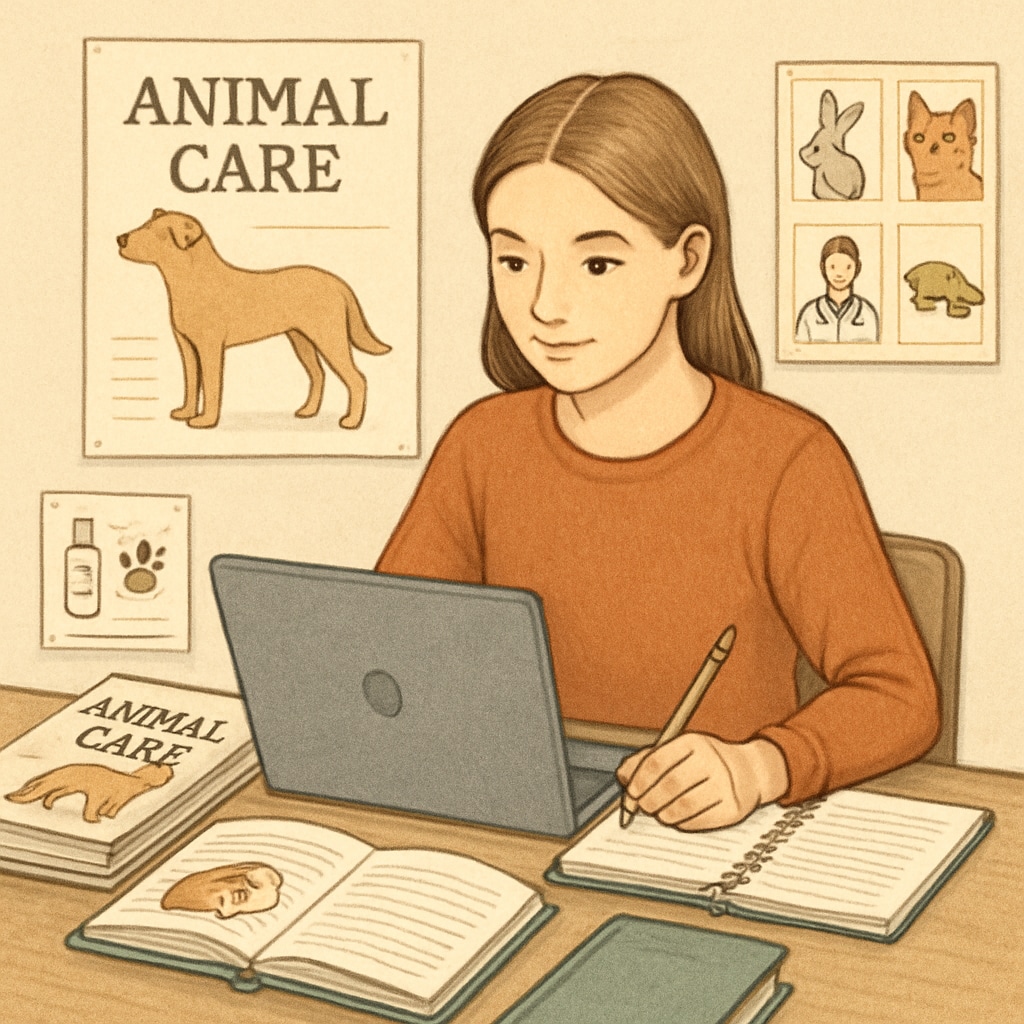 A young woman studying animal care online, representing alternative educational resources. Online education for animal care without GCSEs.