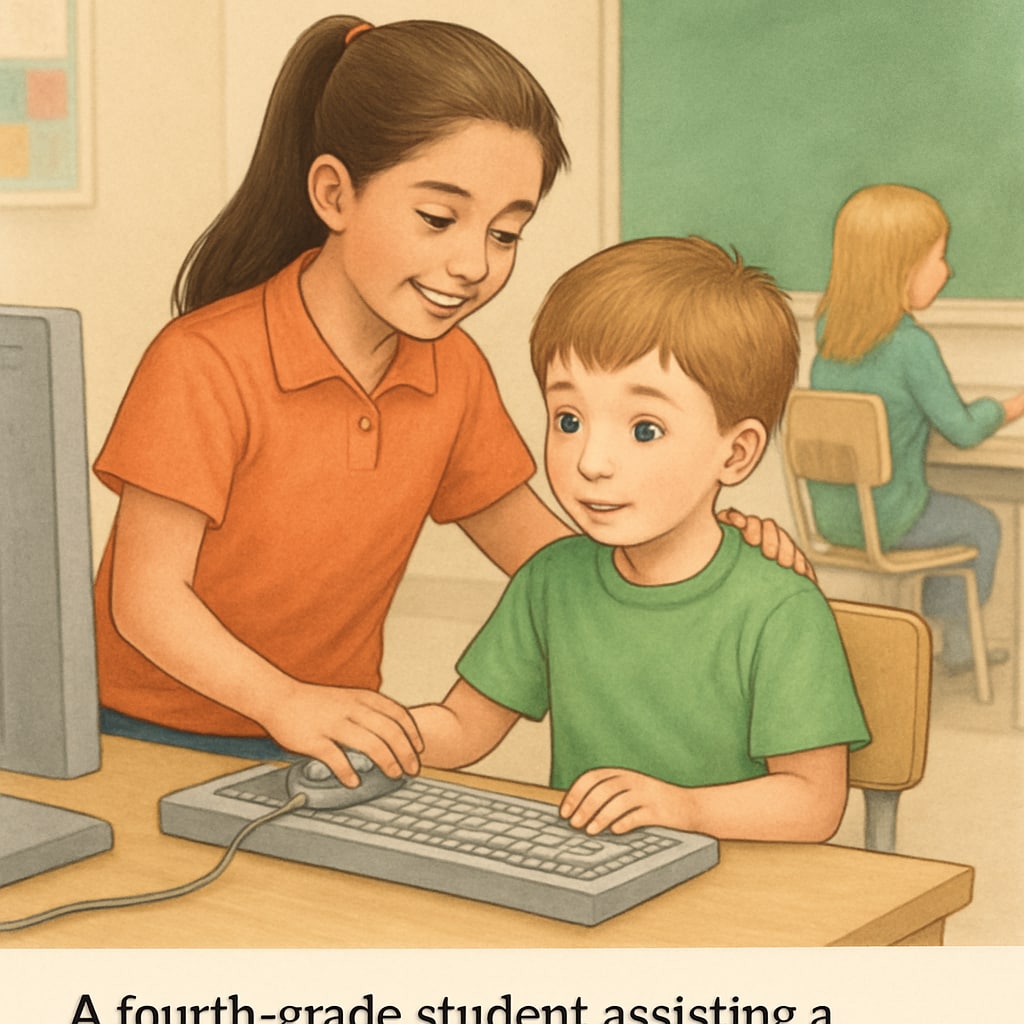 A classroom setting showing a fourth grader assisting a kindergartener with a computer activity, emphasizing collaboration and learning. Fourth grader and kindergartener collaborating on a computer activity.