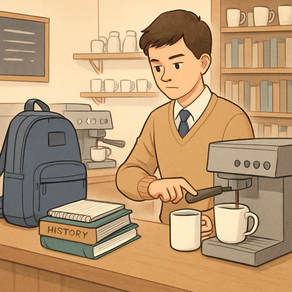 A high school student working at a part-time job, such as in a coffee shop or bookstore, illustrating the real-life context of balancing work and academics. A high school student working part-time, balancing work and academics.