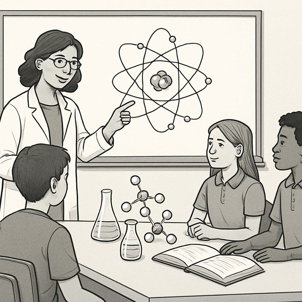 A classroom with a teacher guiding a small group of students in an advanced science lesson. Teacher guiding high-achieving students in advanced coursework.
