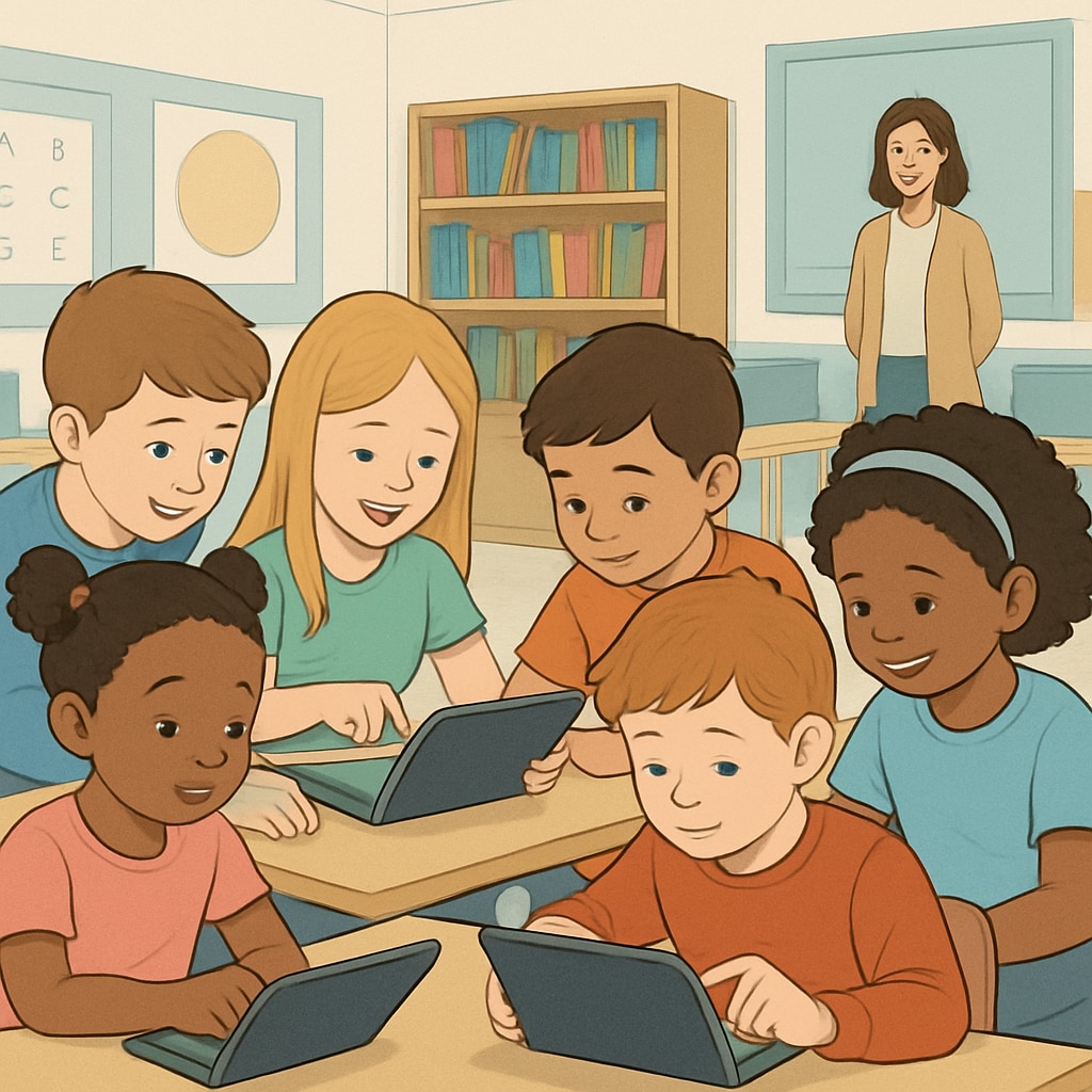 A group of kindergarteners and fourth graders working together on tablets, showcasing teamwork and technology integration. Kindergarteners and fourth graders collaborating on tablets.