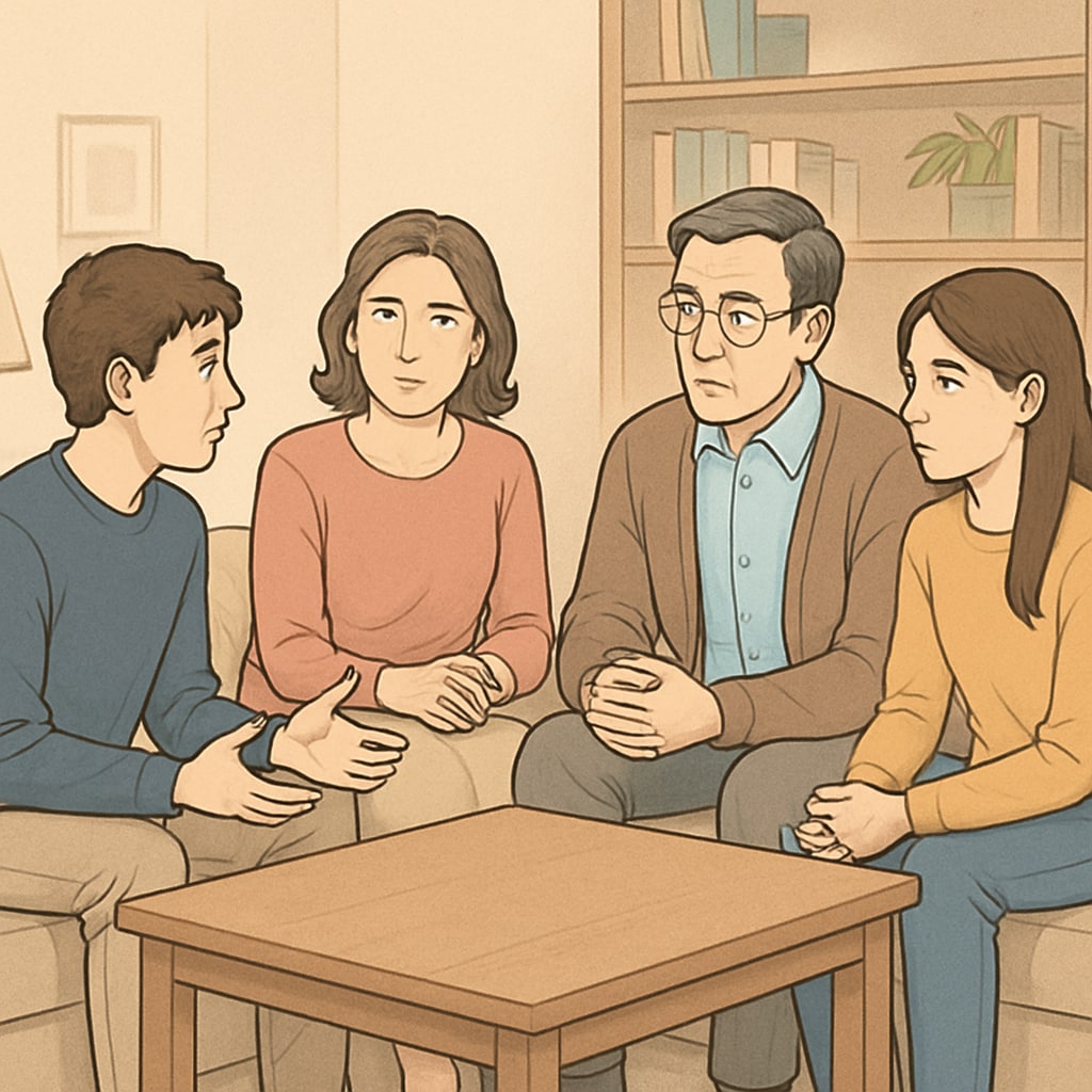 A family discussing the pros and cons of a high school student taking a job, symbolizing parental involvement in decision-making. Parental guidance for high school students managing jobs and academics.