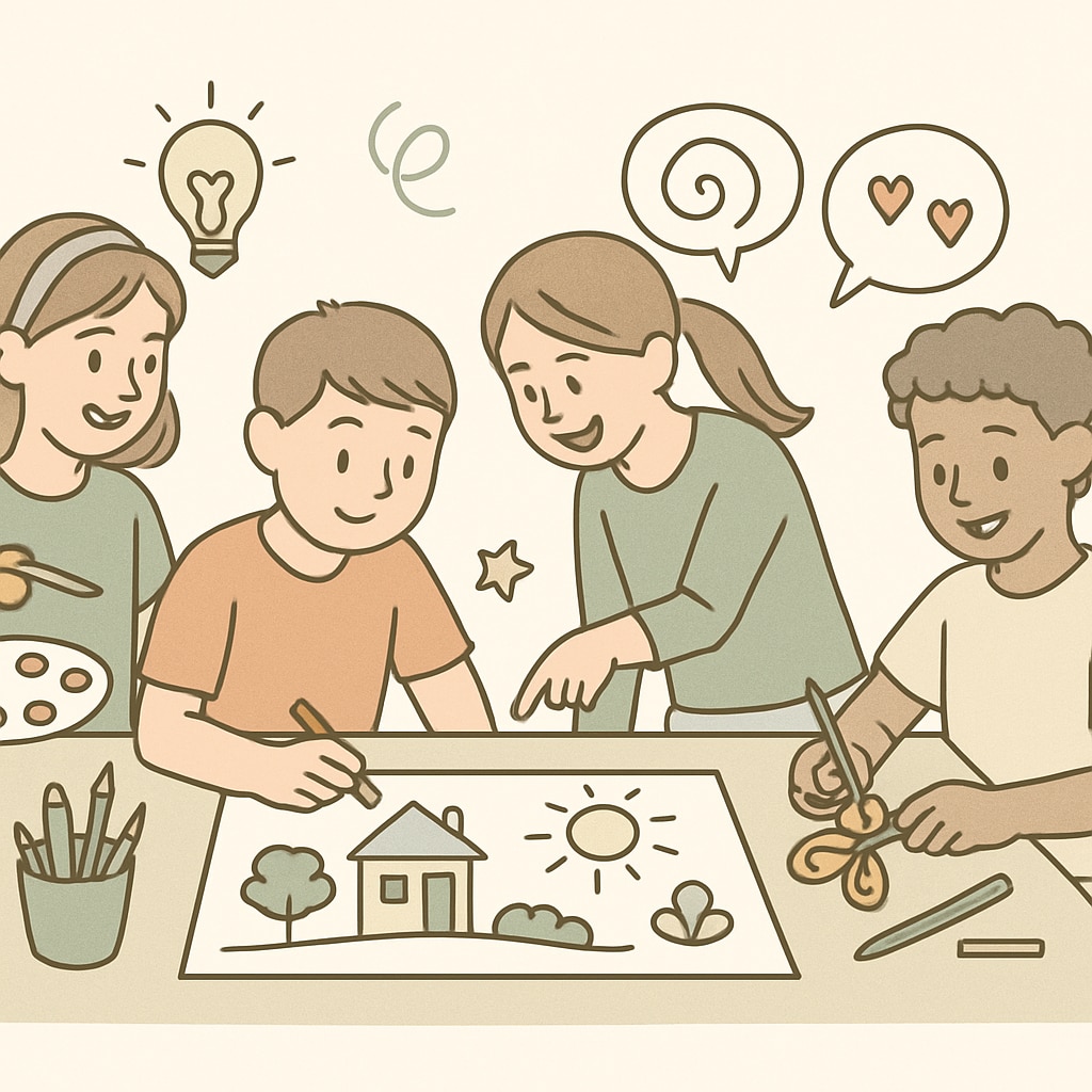 A group of children engaged in a collaborative art project, smiling and interacting. High-achieving students balancing academics with creative activities.
