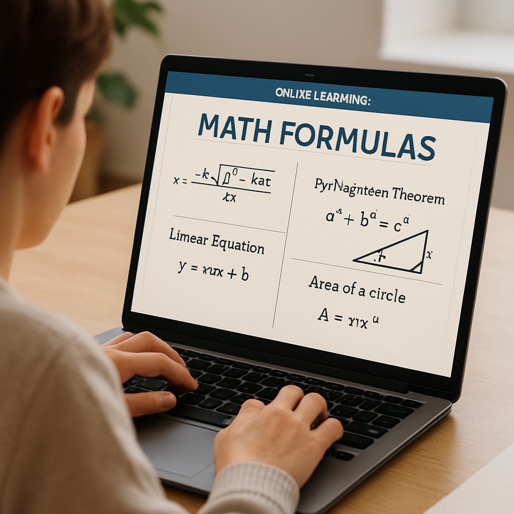 A person using an online learning platform on a laptop with math formulas visible on the screen. Online learning platform for math and science education.