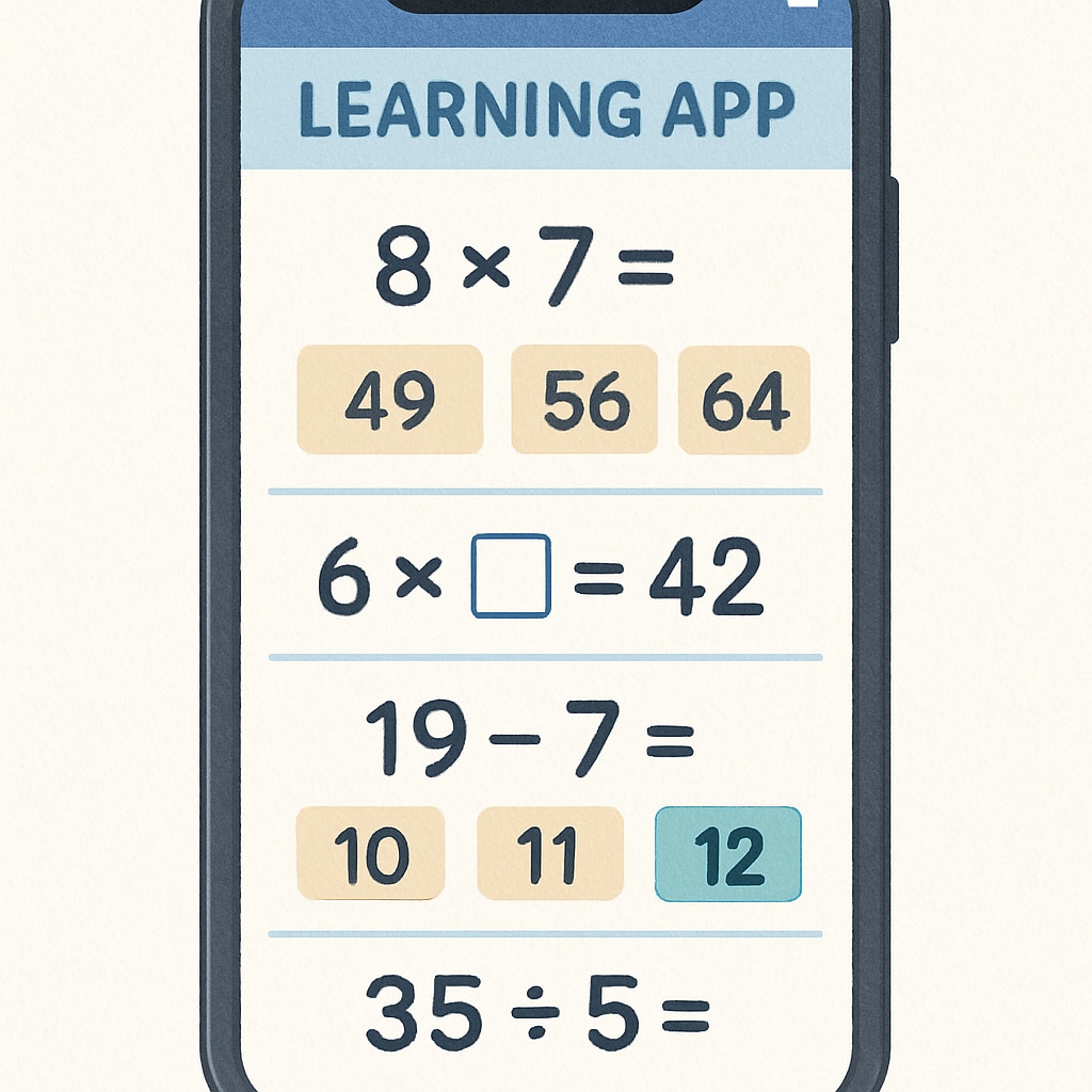A smartphone displaying a learning app interface with interactive math problems. Learning app interface for math and science education.