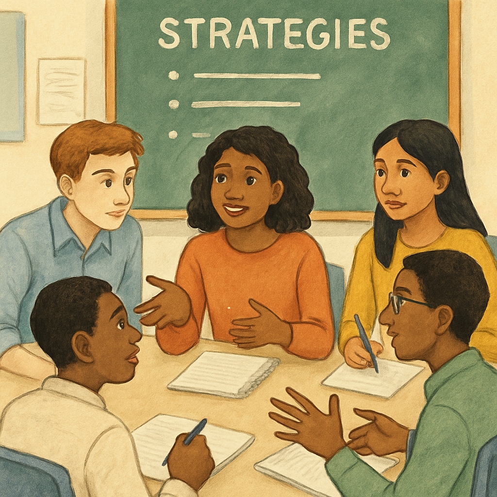 A group of diverse students engaged in active classroom learning, discussing strategies together. Students discussing strategies for effective learning methods in a classroom setting.