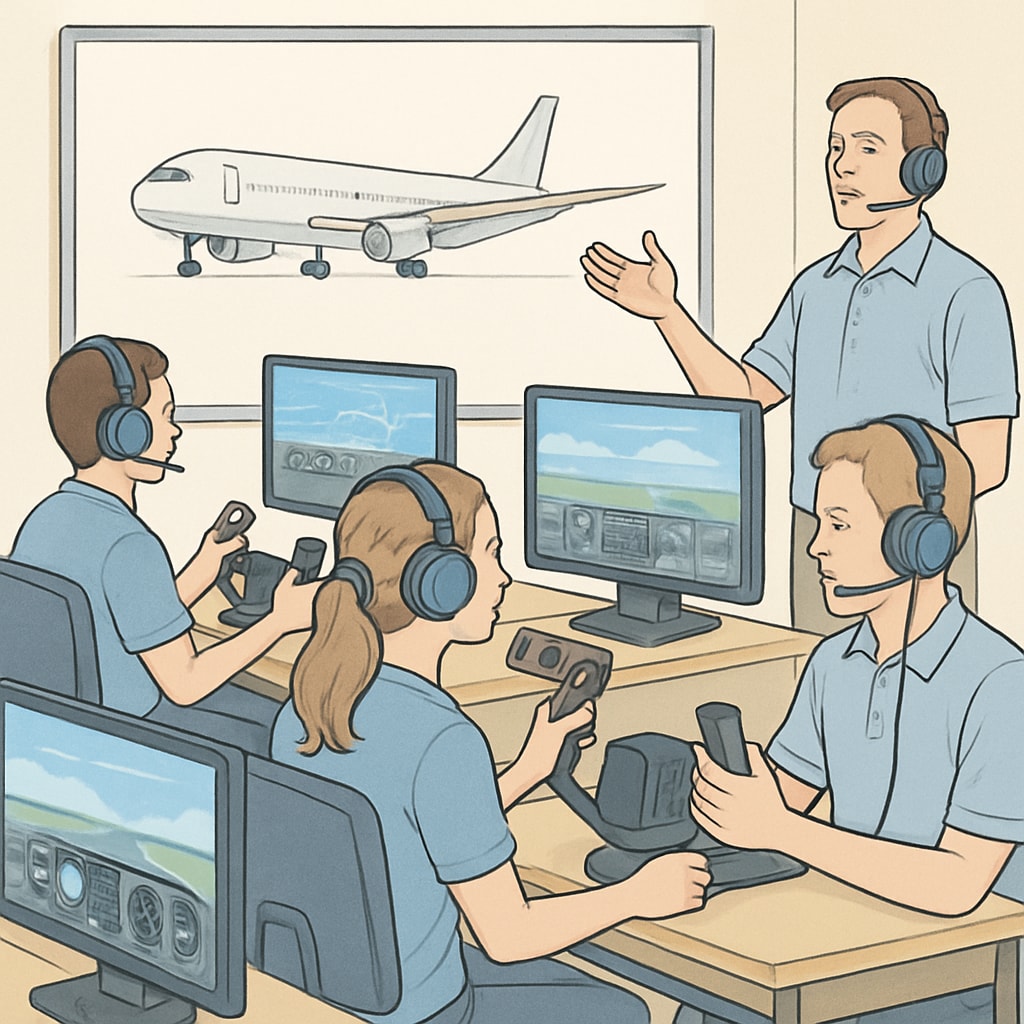 Students participating in a flight simulation workshop, wearing headsets and learning aviation basics. Students experiencing flight simulation as part of aviation training.